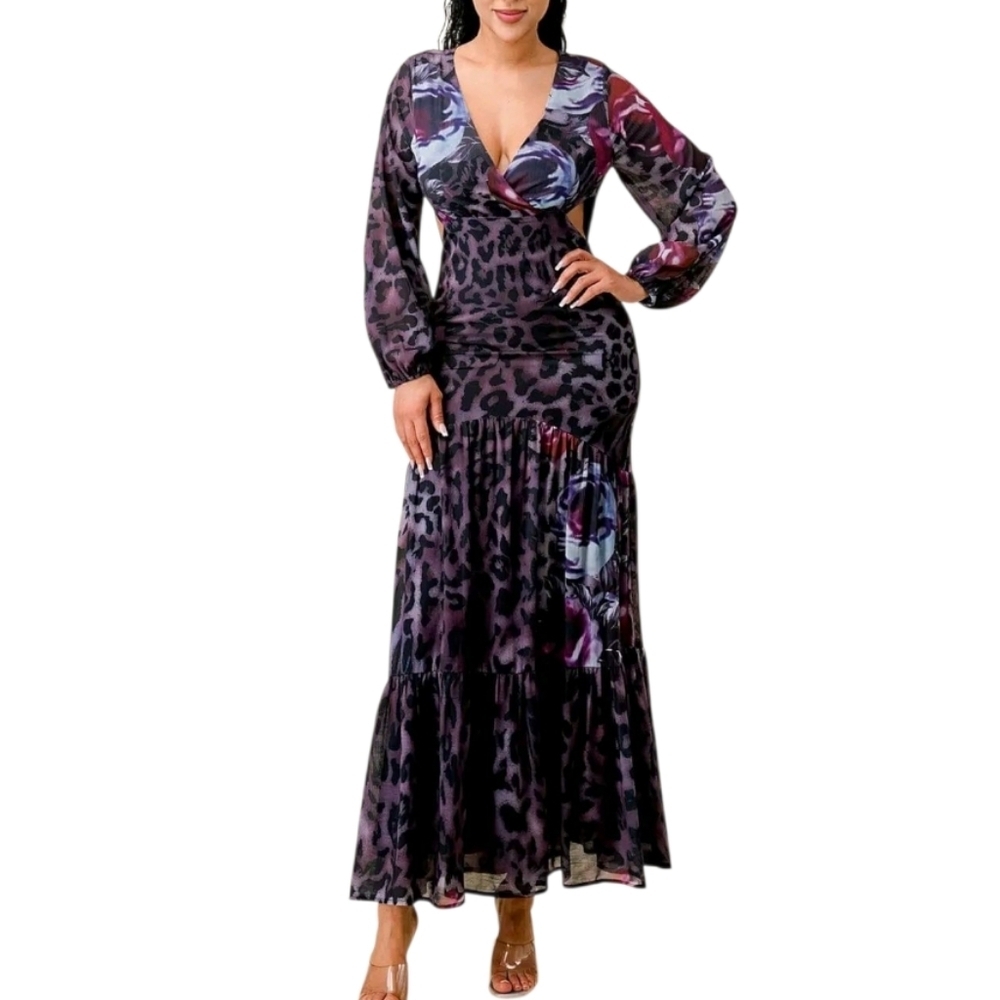 Long-Sleeve‎ V-Neck Maxi Dress Abstract Purple-Toned Leopard Floral Print NIP